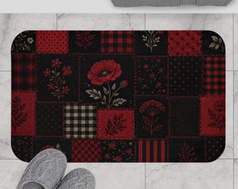 Faux Patchwork Bath Mat, Gothic Floral Bathroom Rug, Dark Cottagecore Decor for Alternative Homes, Vintage Black Red Style