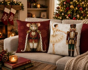 Nutcracker Christmas Pillow Cover, Mouse King Ballet Cushion, Ballerina Holiday Throw Pillow, Traditional Christmas Decor
