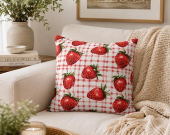 Strawberry Pillow Cover, Gingham Cottagecore Throw Pillowcase, Summer Fruit Decor, Farmhouse Kitchen Accent