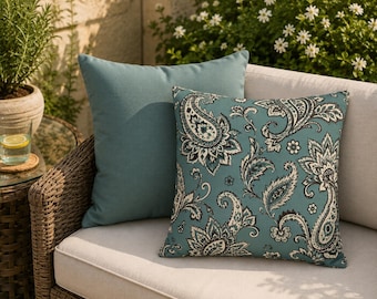 Blue Paisley Pillow Cover, Double Sided Throw Pillowcase, Teal Farmhouse Cushion, Vintage Floral Home Decor Accent