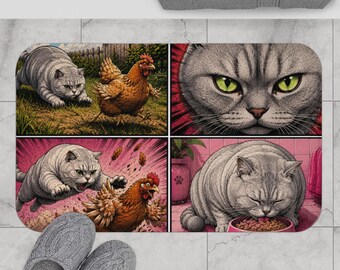 Funny Cat Bath Mat, Comic Cat Bathroom Rug, Chicken Chase Bathroom Decor for Cat Lovers, Humorous Pet Bathroom Style