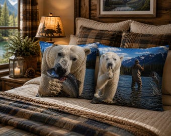 Funny Fishing Pillow Cover, Polar Bear Fisherman Gift, Double Sided Wildlife Throw Pillow, Cabin Lake Decor, Fishing Lover Gift