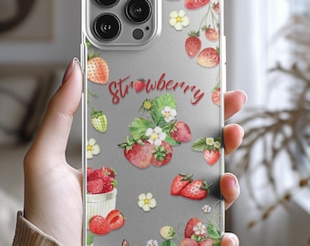 Strawberry Phone Case Clear iPhone Samsung Cover | Cute Transparent Fruit Case for Girls | Kawaii Aesthetic Phone Accessory Gift
