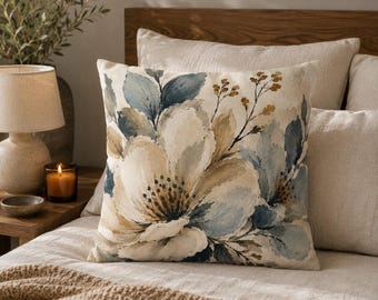 Neutral Floral Pillow Cover, Watercolor Flower Throw Pillowcase, Vintage Botanical Cushion, Cottagecore Farmhouse Home Decor