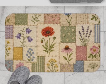Wildflower Patchwork Bath Mat, Faux Quilt Bathroom Rug, Cottagecore Floral Decor for Nature Lovers, Botanical Style