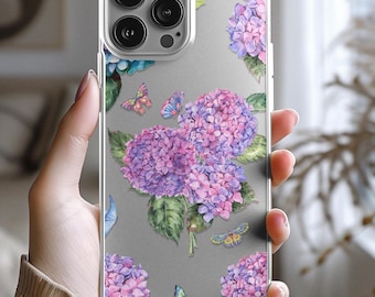 Capa transparente para celular com estampa de hortênsia | Capa floral transparente para iPhone e Samsung | Capa para celular com flores em tons pastel | Presente para ela | Capa com estética campestre