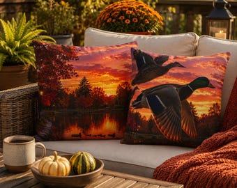 Duck Hunting Pillow Cover, Mallard Throw Pillow, Double Sided Autumn Cushion, Flying Ducks Decor, Rustic Lodge Gift for Hunter