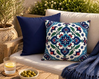 Blue Moroccan Pillow Cover, Double Sided Throw Pillowcase, Mediterranean Tile Cushion, Turkish Boho Home Decor Accent