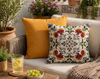 Floral Pillow Cover, Double Sided Throw Pillowcase, Folk Art Cushion, Vintage Botanical Farmhouse Home Decor