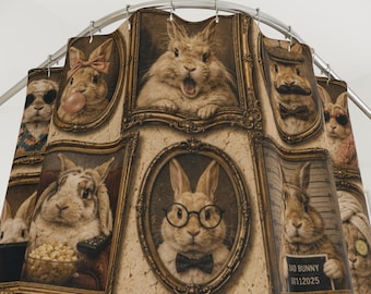 Funny Bunny Shower Curtain, Vintage Rabbit Gallery Decor, Whimsical Bathroom Curtain, Cute Bunny Bathroom Art