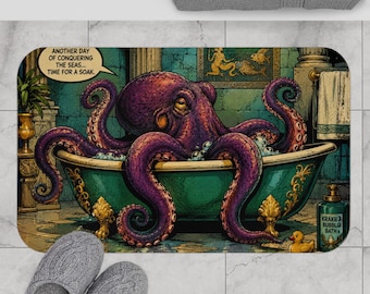 Funny Octopus Bath Mat, Comic Bathroom Rug, Kraken Bathroom Decor for Ocean Lovers, Vintage Humor Nautical Style