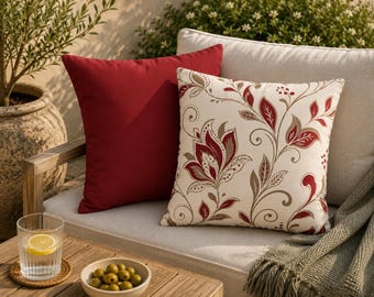 Red Floral Pillow Cover, Double Sided Throw Pillowcase, Traditional Botanical Cushion, Farmhouse Cottage Home Decor