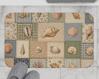 Seashell Patchwork Bath Mat, Coastal Bathroom Rug, Beach House Decor for Ocean Lovers, Faux Quilt Nautical Style