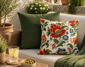Folk Art Pillow Cover, Double Sided Throw Pillowcase, Floral Botanical Cushion, Scandinavian Farmhouse Home Decor