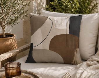 Modern Abstract Pillow Cover, Neutral Throw Pillowcase, Japandi Cushion Cover, Beige Brown Minimalist Home Decor Accent