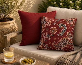 Burgundy Paisley Pillow Cover, Double Sided Throw Pillowcase, Vintage Floral Cushion, Traditional Farmhouse Home Decor