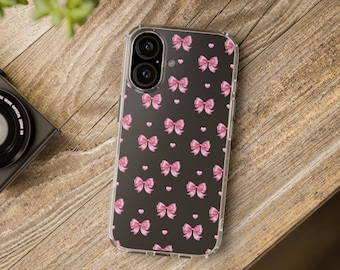 Clear phone case Pink bow iphone 16 15 14 plus pro Max 13 mini 11 12  Samsung Galaxy Gift phone case