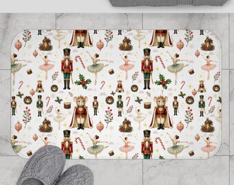 Nutcracker Christmas Bath Mat, Ballet & Mouse King Holiday Decor (Watercolor Style)