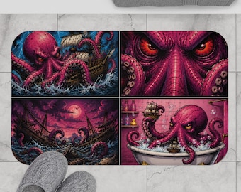 Octopus Bath Mat, Kraken Comic Bathroom Rug, Nautical Bathroom Decor for Ocean Lovers, Gothic Coastal Style