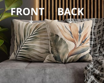 Tropical Pillow Cover, Botanical Throw Pillowcase, Double Sided Palm Leaf Cushion, Neutral Coastal Home Decor