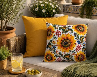 Sunflower Pillow Cover, Double Sided Throw Pillowcase, Folk Art Floral Cushion, Farmhouse Cottage Home Decor Accent