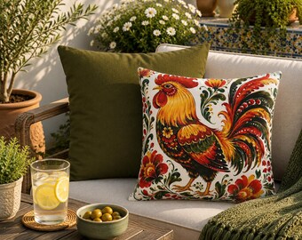 Rooster Pillow Cover, Double Sided Throw Pillowcase, Folk Art Farmhouse Cushion, Country Kitchen Home Decor Accent