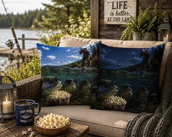 Funny Fishing Pillow Cover, Fisherman Gift, Double Sided Fish Throw Pillow, Lake House Decor, Fishing Cabin Cushion, Outdoor Lover Gift