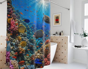 Coral Reef Shower Curtain, Tropical Ocean Bathroom Decor, Sea Turtle Coastal Curtain, Underwater Beach Bathroom