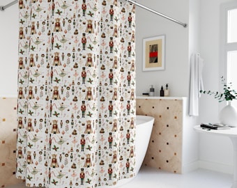 Nutcracker Ballerina Shower Curtain, Christmas Bathroom Decor, Watercolor Holiday Pattern