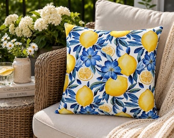 Blue Lemon Pillow Cover, Mediterranean Throw Pillowcase, Coastal Italian Decor Cushion, Amalfi Inspired Home Accent