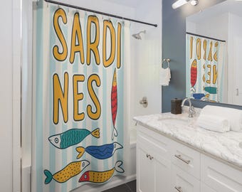 Sardines Shower Curtain, Funny Bathroom Decor, Colorful Fish Bath Curtain, Cute Coastal Bathroom Decor Gift