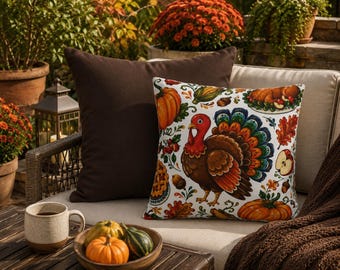 Turkey Pillow Cover, Thanksgiving Throw Pillow, Double Sided Cushion Cover, Autumn Harvest Decor, Farmhouse Fall Accent Pillow