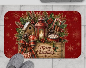 Merry Christmas Farmhouse Bath Mat, Rustic Holiday Decor, Cozy Winter Bathroom Rug