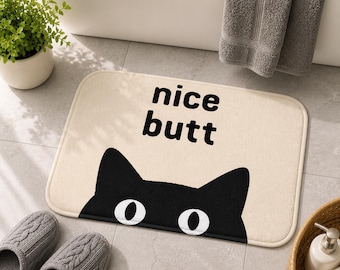 Tapis de bain chat drôle, joli tapis de salle de bain fesses, décoration de salle de bain chat noir, cadeau mignon pour amoureux des chats, tapis de bain crème antidérapant