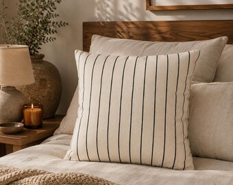 Neutral Stripe Pillow Cover, Farmhouse Throw Pillowcase, Minimalist Cushion Cover, Modern Beige Bedroom Decor Accent