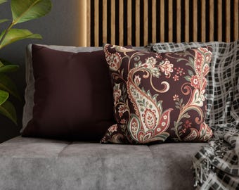 Paisley Pillow Cover, Double Sided Throw Pillowcase, Burgundy Floral Cushion, Traditional Farmhouse Home Decor Accent
