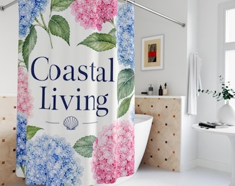 Coastal Shower Curtain, Coastal Living Bathroom Decor, Hydrangea Floral Bath Curtain, Beach House Bathroom Decor