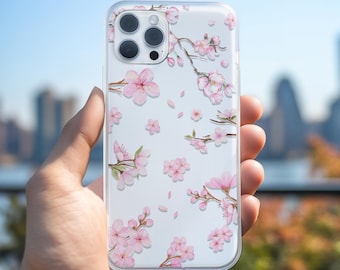 Funda transparente con diseño de flor de cerezo para iPhone y Samsung, diseño floral transparente, bonito regalo para ella, accesorio de primavera.