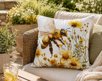 Bee Pillow Cover, Wildflower Throw Pillowcase, Cottage Garden Decor Cushion, Rustic Farmhouse Bee Lover Gift