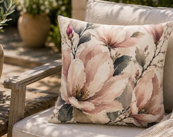 Magnolia Pillow Cover, Watercolor Floral Throw Pillowcase, Cottagecore Flower Cushion, Romantic Farmhouse Home Decor