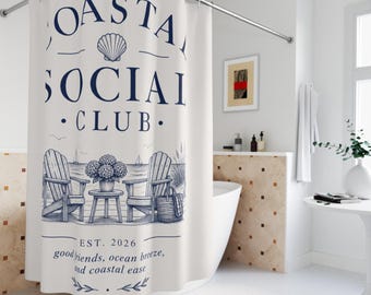 Coastal Shower Curtain, Coastal Social Club Bathroom Decor, Beach House Bath Curtain, Nautical Coastal Bathroom Decor