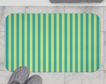 Yellow and Blue Striped Bath Mat, Coastal Beach Bathroom Rug, Retro Summer Bath Decor, Colorful Non Slip Bathroom Mat
