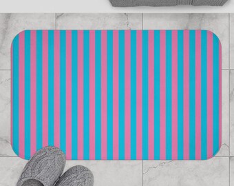 Pink and Teal Striped Bath Mat, Preppy Bathroom Rug, Retro Coastal Bath Decor, Colorful Non Slip Bathroom Mat