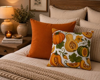 Pumpkin Pillow Cover, Double Sided Throw Pillowcase, Autumn Harvest Cushion, Fall Farmhouse Home Decor Accent