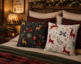 Christmas Reindeer Pillow Cover, Double Sided Holiday Throw Pillow, Rustic Christmas Decor, Red Green Gold Deer Cushion, Winter Home Gift