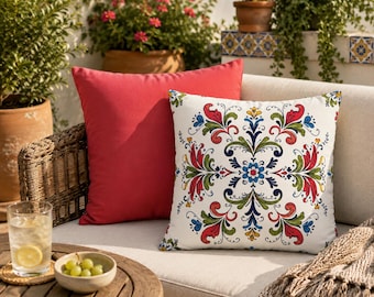 Spanish Tile Pillow Cover, Double Sided Throw Pillowcase, Mediterranean Floral Cushion, Colorful Boho Home Decor Accent