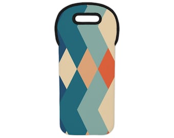 Borsa portabottiglie con motivo geometrico a rombi / Stile retrò verde acqua e arancione, stile metà secolo