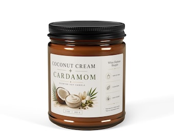 Candela profumata alla crema di cocco e cardamomo in barattolo di vetro / Candela di soia profumata, barattolo ambrato