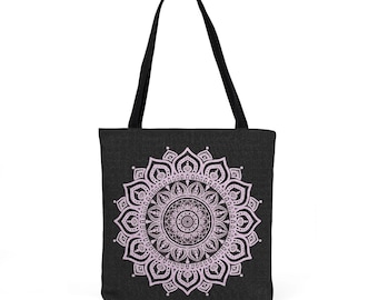 Borsa tote intrecciata rosa con mandala / Motivo floreale boho, sfondo nero