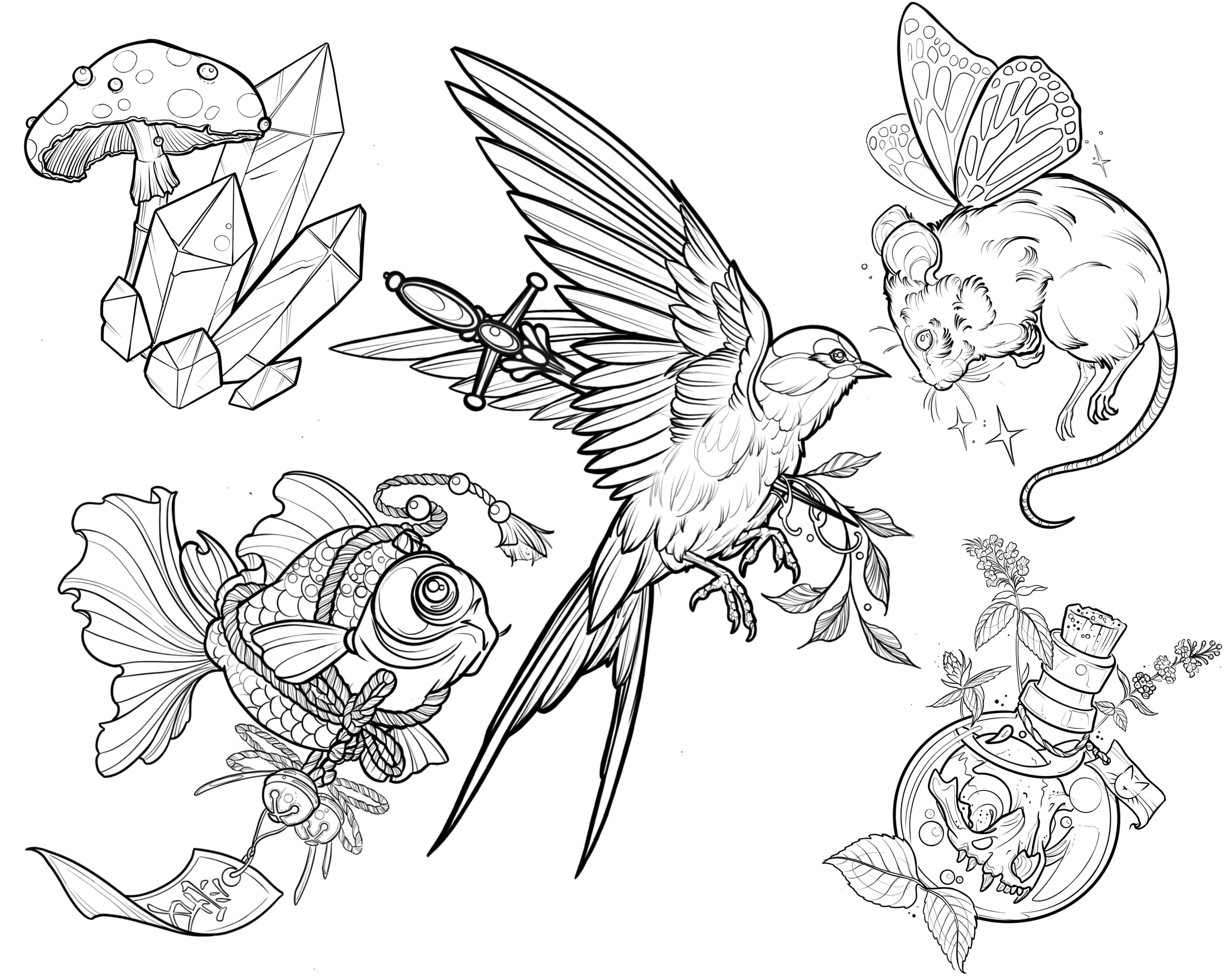 5 High-quality Tattoo Flash Designs - Stencil Ready Digital
